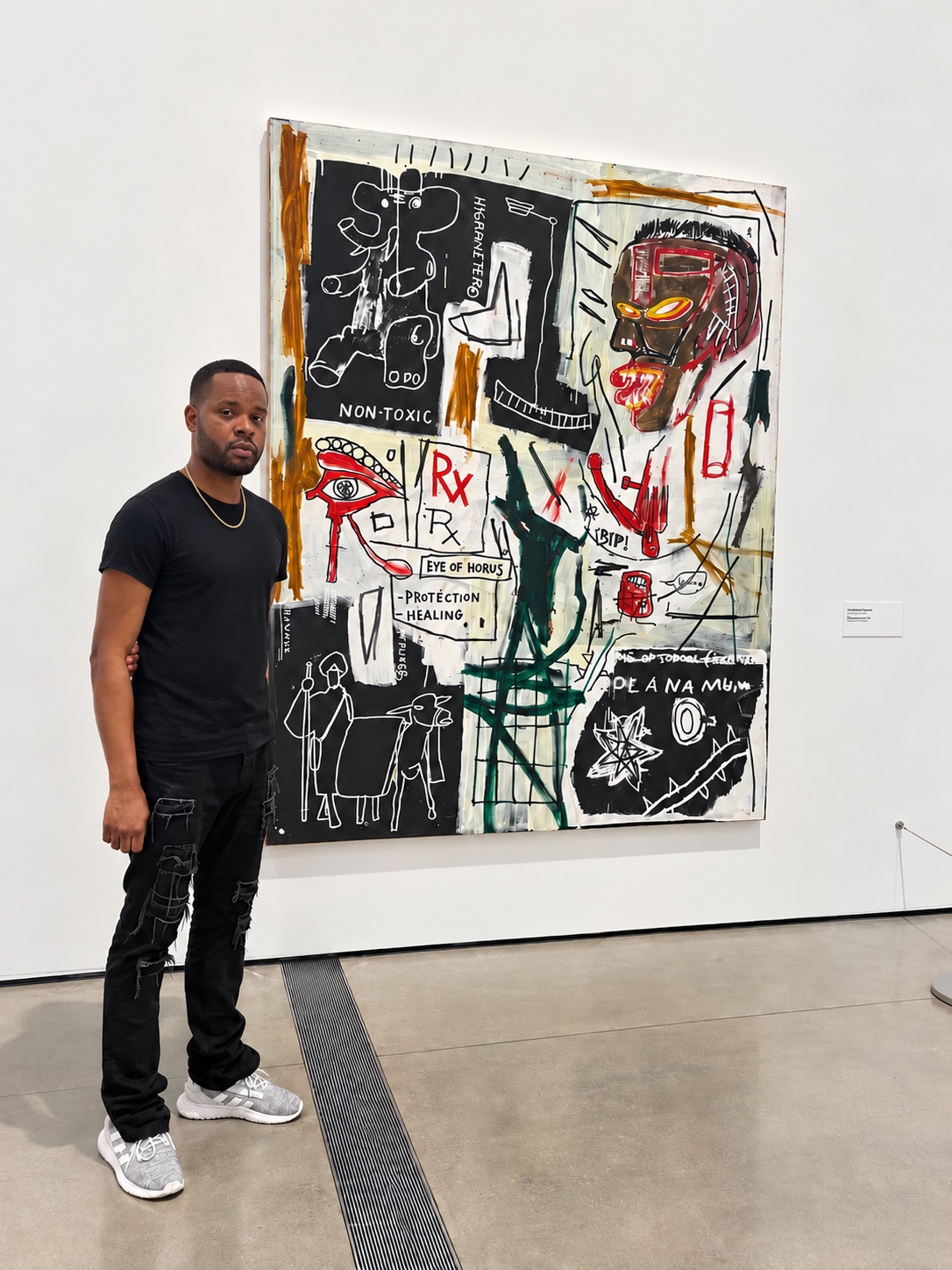 Michael Olaiya standing beside a large Basquiat painting in a gallery